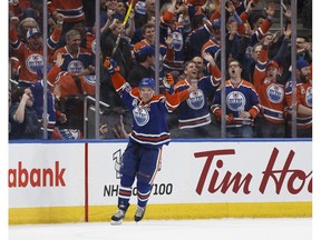 Edmonton's Connor McDavid (97) celebrates a goal during the first period of a NHL game between the Edmonton Oilers and the LA Kings at Rogers Place in Edmonton on Tuesday, March 28, 2017.