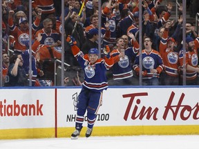 Edmonton's Connor McDavid (97) celebrates a goal during the first period of a NHL game between the Edmonton Oilers and the LA Kings at Rogers Place in Edmonton on Tuesday, March 28, 2017.