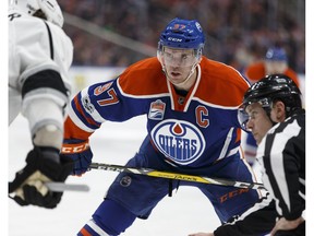 Edmonton's Connor McDavid (97) faces off against LA's Anze Kopitar (11) during the second period of a NHL game between the Edmonton Oilers and the LA Kings at Rogers Place in Edmonton on March 20, 2017.