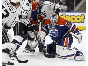 Edmonton Oilers goalie Cam Talbot (33) makes a save against the L.A. Kings at Rogers Place in Edmonton on Tuesday, March 28, 2017. (Ian Kucerak)