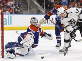 Edmonton's goaltender Cam Talbot (33) stops LA's Dustin Brown (23) during the first period of a NHL game between the Edmonton Oilers and the LA Kings at Rogers Place in Edmonton on Monday, March 20, 2017. Ian Kucerak / Postmedia Photos off Oilers game for copy in Tuesday, March 21 editions.