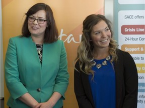 Alberta Justice Minister Kathleen Ganley, with Elizabeth Halpin, a survivor of sexual violence, announces Bill 2, which ends the time limit for lawsuits around sexual or domestic violence.