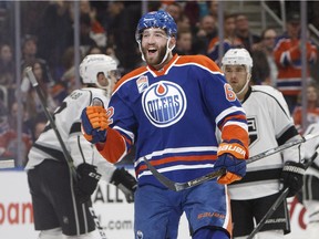 Edmonton Oilers' Eric Gryba (62) celebrates a goal against the Los Angeles Kings during third period NHL action in Edmonton, Alta., on Thursday December 29, 2016.