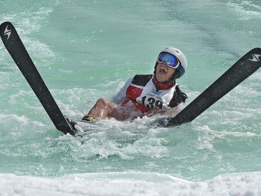 Flavio Melo almost made it to the end of the pool but came up short during the annual Slush Cup festival at the Edmonton Ski Club on Saturday, March 18, 2017.