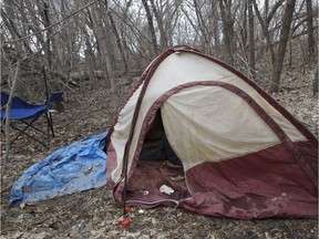 A tent camp is seen east of the Dawson Bridge in Edmonton on Wednesday, April 16, 2014.