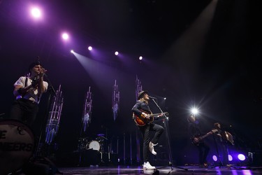 (Left to right) Jeremiah Fraites, Wesley Schultz, Byron Isaacs and Stelth Ulvang of The Lumineers perform with the band at Rogers Place in Edmonton on Friday, March 31, 2017.