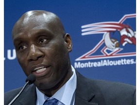 Newly appointed Montreal Alouettes general manager Kavis Reed responds to questions during a news conference, on Dec. 14, 2016, in Montreal. (The Canadian Press)