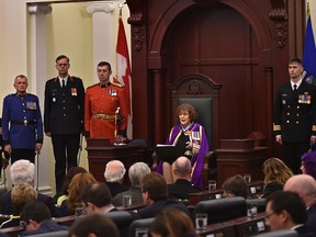 Lieutenant Governor Lois Mitchell reads the Speech from the Throne outlining the governments agenda during the third session of the 29th Legislature in Edmonton, Thursday, March 2, 2017.