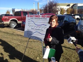 Then-Wildrose seniors critic Kerry Towle  outside the Red Deer Regional Hospital Tuersday showing worsening wait times for care at the hospital's emergency department in 2013. File photo.