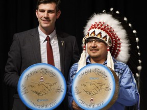 Mayor Don Iveson (left) and Enoch Cree Nation Chief Billy Morin signed a Memorandum of Understanding at Enoch Cree Nation near Edmonton on Friday, March 10, 2017.
