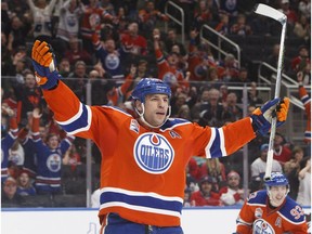 Edmonton Oilers left wing Milan Lucic celebrates a goal against the Montreal Canadiens in Edmonton on Sunday, March 12, 2017. (The Canadian Press)
