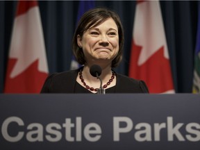Minister of Environment and Parks Shannon Phillips speaks to media at the McDougall Centre in Calgary, Alta., on Wednesday, March 1, 2017. She was addressing plans for conservation and recreation uses in the Castle parks and surrounding areas.