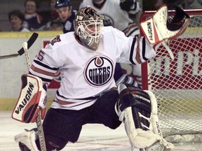 Edmonton Oilers goalie Tommy Salo in action against the Toronto Maple Leafs on April 4, 1999.