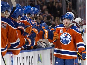 The Edmonton Oilers' Drake Caggiula (36) celebrates a goal against the Colorado Avalanche at Rogers Place in Edmonton on Saturday, March 25, 2017. (David Bloom)