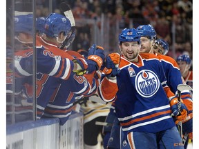 Edmonton Oilers' Anton Slepyshev celebrates a goal against the Boston Bruins in Edmonton on Thursday, March 16, 2017. (David Bloom)