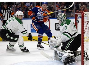 Edmonton Oilers captain Connor McDavid's shot just misses the top corner behind Dallas Stars netminder Antti Niemi at Rogers Place in Edmonton on Tuesday, March 14, 2017. (David Bloom)