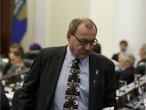 Alberta PC leader Ric McIver is seen in the legislature as MLAs read the budget tabled by Alberta Finance Minister Joe Ceci on March