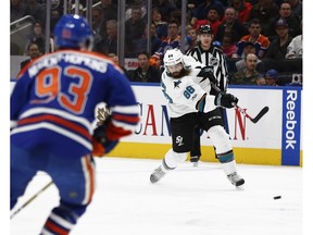 San Jose Sharks defenceman Brent Burns unloads a slap shot against the Edmonton Oilers at Rogers Place in Edmonton on Jan. 10, 2017. (Ian Kucerak)