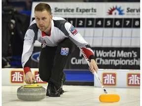 Skip Brad Gushue, wearing the Team Canada uniform since the 2006 Olympics, practising with the rest of his squad at the Coliseum in Edmonton, Friday, March 31, 2017.