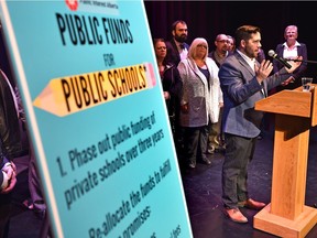 Speaking is Michael Janz, chair of the Edmonton Public Schools board, who along with Public Interest Alberta and 12 other organizations urged the provincial government to phase out public funding of private schools to strengthen public school systems across the province. Edmonton, Thursday, February 23, 2017.