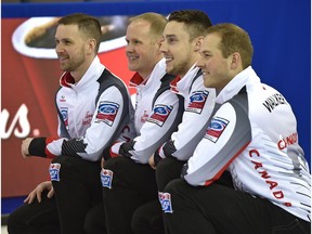 Team Canada posing for a photo after practise, Skip Brad Gushue, Mark Nichols, Brett Gallant and Geoff Walker during the World Men's Curling Championship at the Coliseum in Edmonton, Friday, March 31, 2017.