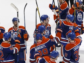 Edmonton Oilers players salute fans at Rogers Place after beating the Los Angeles Kings 2-1 to make the playoffs for the first time in 11 years.