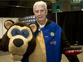 Reg Caughie, who has played the part of the Brier Bear for 33 years, poses for a photo backstage during the 2013 Tim Hortons Brier at Rexall Place in Edmonton on March 4, 2013.