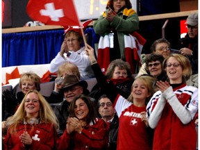 Swiss curling fans cheer on their team at the Ford World Men's Curling Championships in Edmonton on April 2, 2007. (Ed Kaiser)