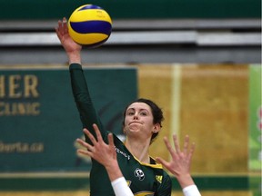 University of Alberta Pandas outside hitter Meg Casault attacks a ball against the UBC Thunderbirds in the gold medal final of the Canada West Final Four tournament at the Saville Centre in Edmonton on Sunday, March 11, 2017. (Ed Kaiser)