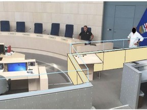 A rendering of the proposed security barrier in Edmonton Council Chambers. Image taken from a public survey trying to measure the impact of the proposals on public involvement and perceived safety.