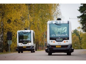 A photo of the EZ10 shuttle operating in Helsinki. The University of Alberta is looking at this or a similar shuttle for a pilot project at South Campus.