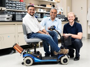 Members of the University of Alberta electrical transmission research team included (from left) Airindam Phani. Thomas Thundat and Charles Van Neste.