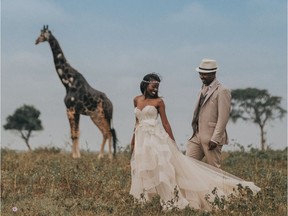 Lorna and Edward's wedding clothes travelled all the way from Delica Bridal and the Helm in Edmonton.