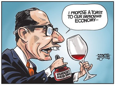 Joe Ceci toasts Alberta's economic recovery with red ink. (Cartoon by Malcolm Mayes)