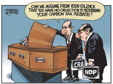 CRA and NDP seek return of carbon tax rebate from deceased Albertans. (Cartoon by Malcolm Mayes)