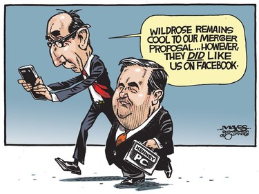 Wildrose remains cool to merger, but they did like PCs on Facebook. (Cartoon by Malcolm Mayes)