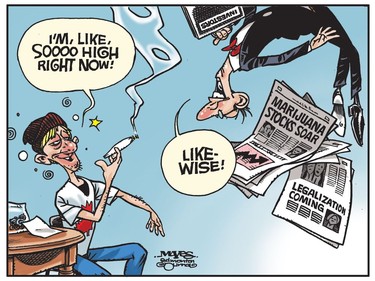 Canadian marijuana investors are even higher than marijuana drug users. (Cartoon by Malcolm Mayes)