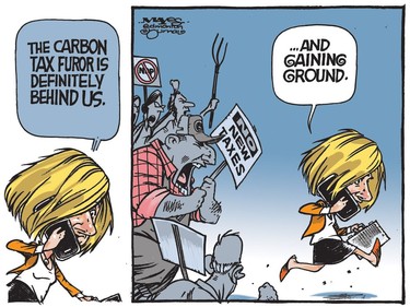 Alberta's Rachel Notley puts carbon tax furor behind her. (Cartoon by Malcolm Mayes)