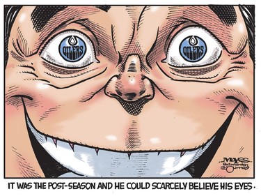 Edmonton Fan can scarcely believe the Oilers are in the playoffs. (Cartoon by Malcolm Mayes)