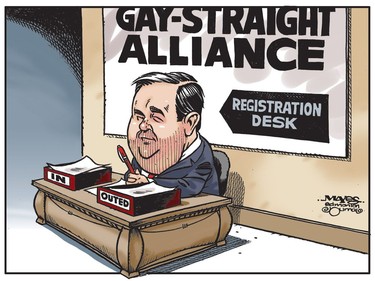 Jason Kenney mans gay-straight alliance registration desk. Malcolm Mayes cartoon for March 31, 2017.