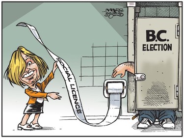 Rachel Notley's social licence is written on B.C. toilet paper. (Cartoon by Malcolm Mayes)