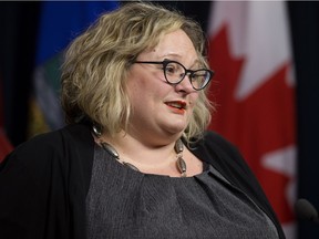 Health Minister Sarah Hoffman outlines details of Bill 3, The Voluntary Blood Donations Act, during a press conference at the Alberta Legislature, in Edmonton Monday, March 13, 2017.