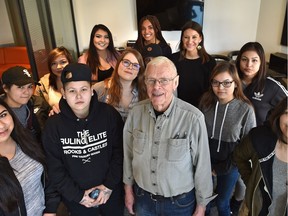 Wallis Kendal, director of Moving the Mountain program, with some of the young women in the program and two Harvard students, Megan Red Shirt-Shaw and Kacey Gill, in Edmonton on March 17, 2017. The program is now trying to find funders to get it restarted in a new location.