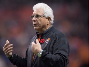 B.C. Lions' head coach Wally Buono gestures on the sideline during the second half of a CFL football game against the Saskatchewan Roughriders in Vancouver, B.C., on Saturday November 5, 2016.