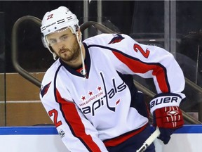 Kevin Shattenkirk of the Washington Capitals skates in warm-ups prior to the game against the New York Rangers at Madison Square Garden on February 28, 2017 in New York City.