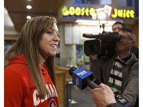 World curling championship winning skip Rachel Homan speaks to the media after arriving at Edmonton International Airport from China on Monday, March 27, 2017. (Ian Kucerak)