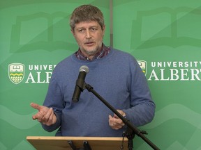 Glaciologist Martin Sharp, University of Alberta Department of Earth and Atmospheric Sciences, takes part in a press conference after a freezer malfunction at the University of Alberta's Canadian Ice Core Archive damaged part of the collection, in Edmonton Thursday April 6, 2017.