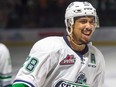 Forward Keegan Kolesar smiles after scoring a goal for the Seattle Thunderbirds. (Brian Liesse/Seattle Thunderbirds)