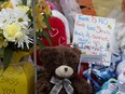 A memorial for 19-month-old Anthony Raine at Good Shepherd Anglican Church.  Raine's body was found outside the church April 21. His was one of the only homicides in Edmonton this year to stir public outrage.