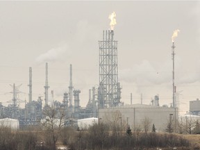 Flaring is visible at the Suncor Energy Edmonton Refinery on March 23, 2017.